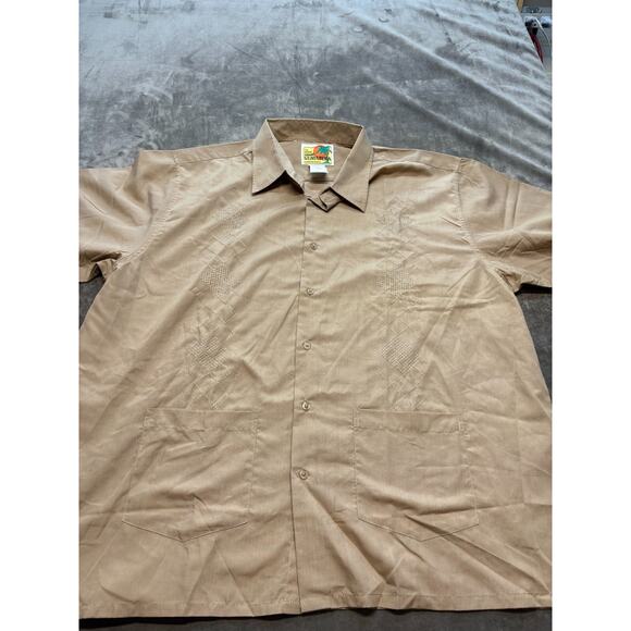 Haband Guayabera Shirt Mens Large Brown Embroidered Short‎ Sleeve - Picture 1 of 6